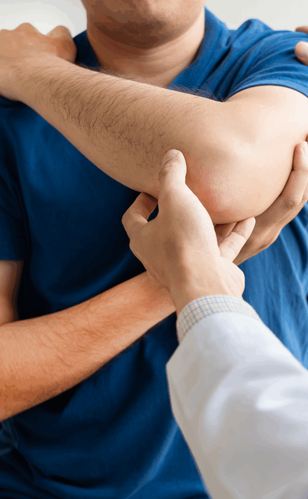 chiropractor attend male patient elbow pain treatment
